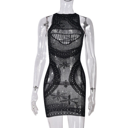 Vestido de verano sin mangas con aberturas y diamantes de imitación para mujer