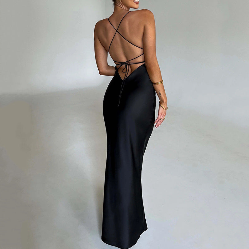 Vestido largo de satén con tirantes para mujer, sexy, de otoño, sin espalda, con cordones y cintura ajustada