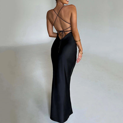 Vestido largo de satén con tirantes para mujer, sexy, de otoño, sin espalda, con cordones y cintura ajustada