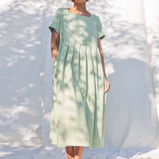 Square Collar Cotton Linen Dress Short Sleeve Women Clothing Summer Nordic Niche Loose Mid Length
