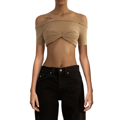 Camiseta de manga corta transparente con cuello de hombro descubierto para mujer de primavera y verano
