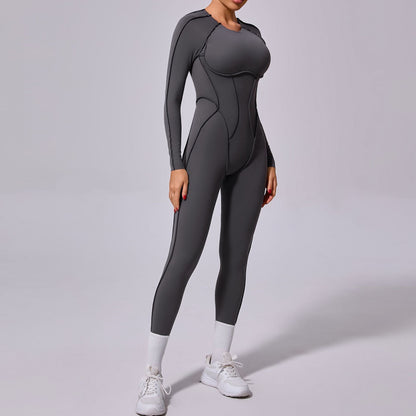 Mono deportivo de yoga de una pieza de otoño e invierno con espalda descubierta y pantalones ajustados de manga larga.