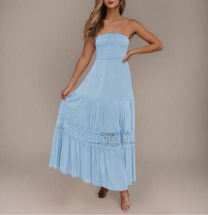 Vestido ceñido de color liso con dobladillo superior tipo tubo, largo, sin mangas, estilo retro bohemio y cintura.