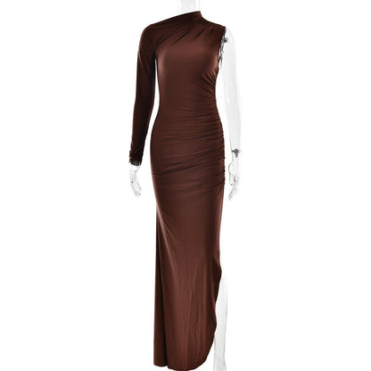 Vestido elegante para mujer, sexy, con un hombro al descubierto, mangas, color sólido, abertura, ajustado, largo