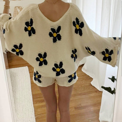 Ropa de mujer, pantalones cortos de lana de manga larga con estampado floral, ropa de casa de dos piezas