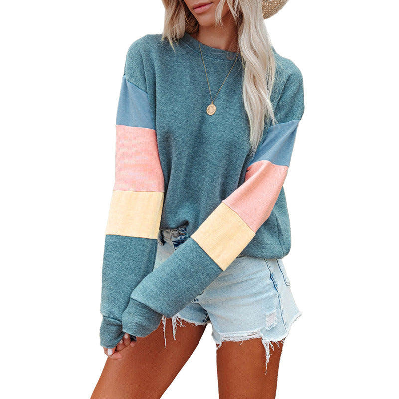 Sudadera tipo pulóver para mujer, primavera otoño, cuello redondo, manga larga, color en contraste, camiseta de manga larga para mujer