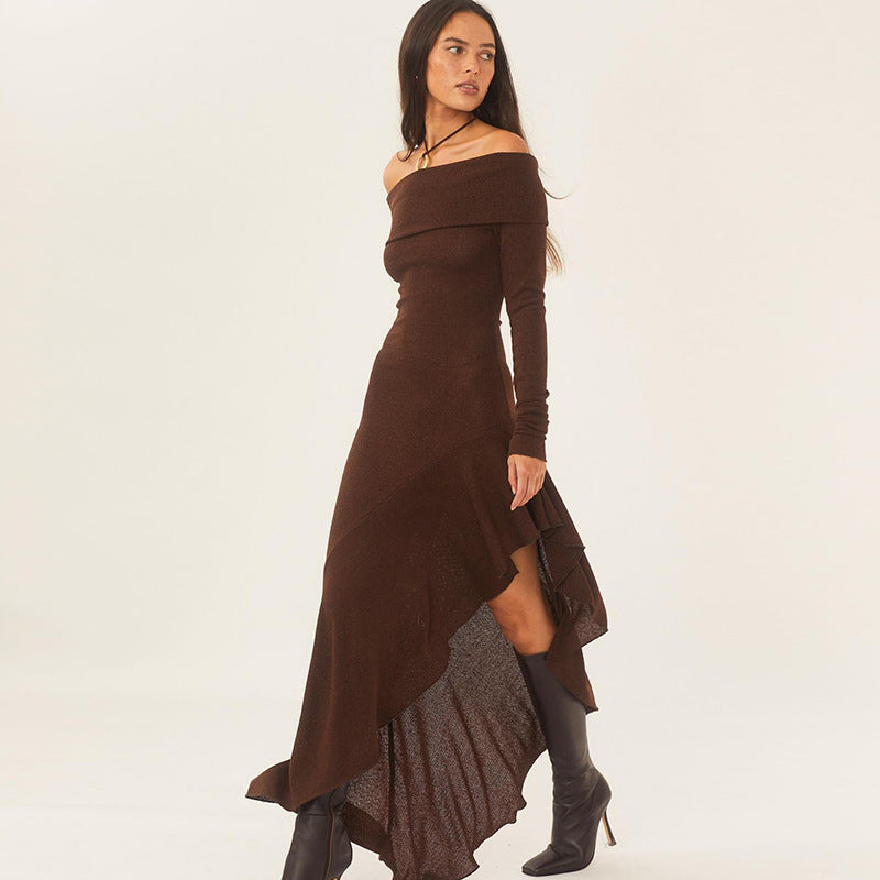 Vestido elegante de manga larga con hombros descubiertos y volantes ajustados para mujer