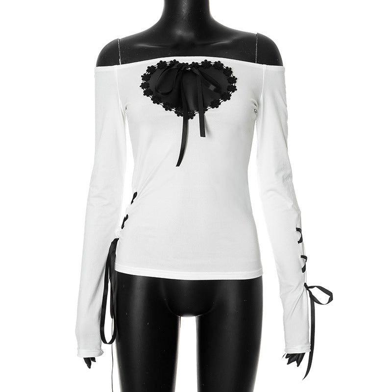 Top ajustado con lazo de encaje en forma de corazón ahuecado y hombros descubiertos para mujer, color contrastante, manga larga, sexy