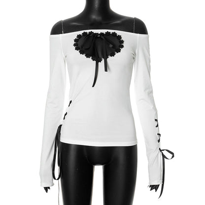 Top ajustado con lazo de encaje en forma de corazón ahuecado y hombros descubiertos para mujer, color contrastante, manga larga, sexy