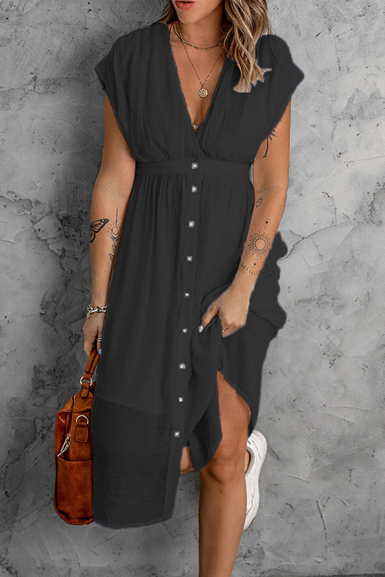 Vestido largo de verano de tul de doble capa, color liso, para mujer, escote en V profundo, manga corta, cintura controlada