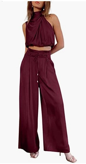 Conjunto de dos piezas informal sin mangas con cuello para mujer, pantalones de pierna ancha, top corto de verano