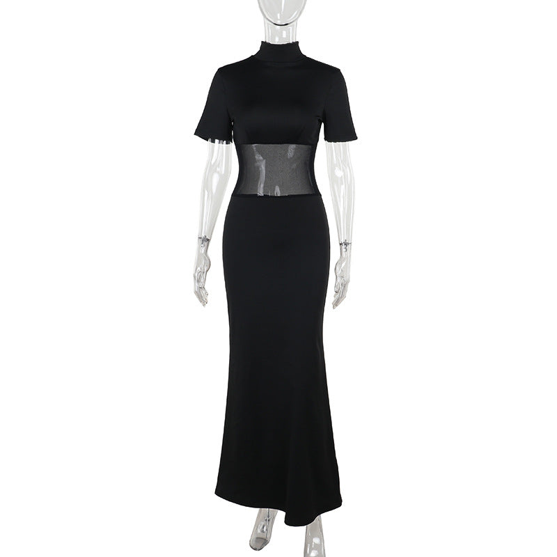 Vestido elegante de otoño para mujer, de malla, sexy, ajustado, con costuras y cuello alto.