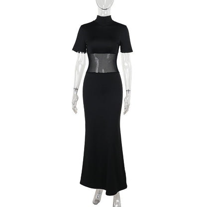 Vestido elegante de otoño para mujer, de malla, sexy, ajustado, con costuras y cuello alto.
