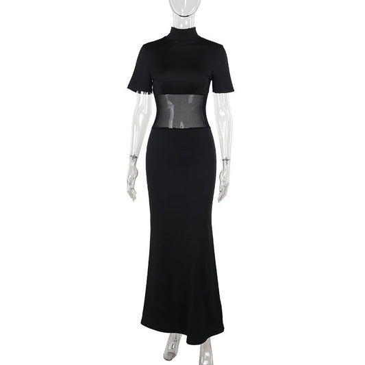 Vestido elegante de otoño para mujer, de malla, sexy, ajustado, con costuras y cuello alto.
