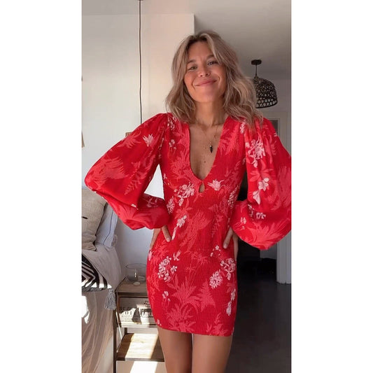 Vestido plisado de manga larga con cuello en V, sexy, informal, holgado, para vacaciones, primavera y verano