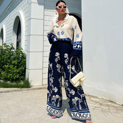 Conjunto de dos piezas de top holgado de manga larga con estampado de posicionamiento para mujer, pantalones de pierna ancha