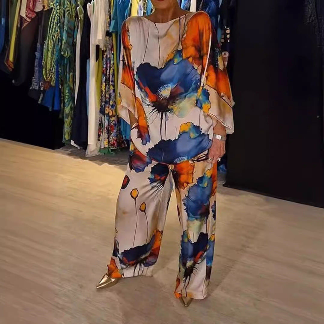 Colección Verano Otoño Estación Independiente Urbana Elegante Satén Cuello Descubierto Suelto Estampado Manga Murciélago Pantalones con Cordón Conjuntos