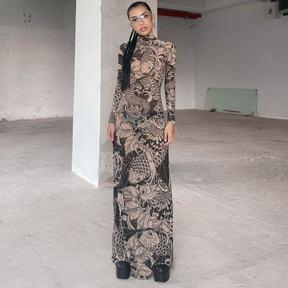 Vestido ajustado de cuello alto transparente con estampado de malla de otoño para mujer