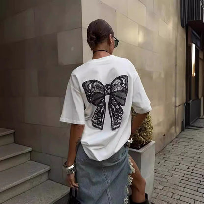 Camiseta de manga corta con estampado de encaje sexy y personalidad de nicho de algodón, top urbano que combina con todo.