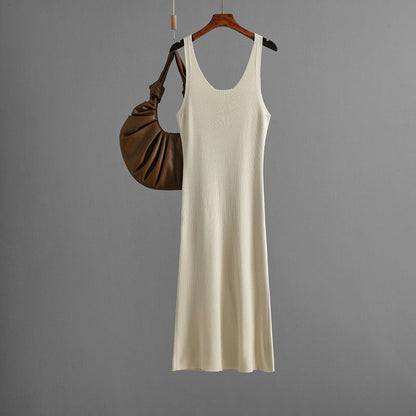 Vestido maxi sexy de punto con tirantes, de verano, de color liso, con abertura en la espalda