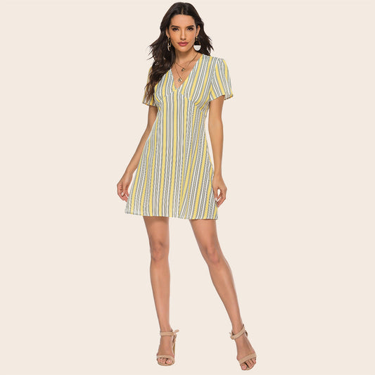 Summer Lemon Yellow Striped Sexy Women Dress V-neck Vitality Sweet Short Sleeve Dress