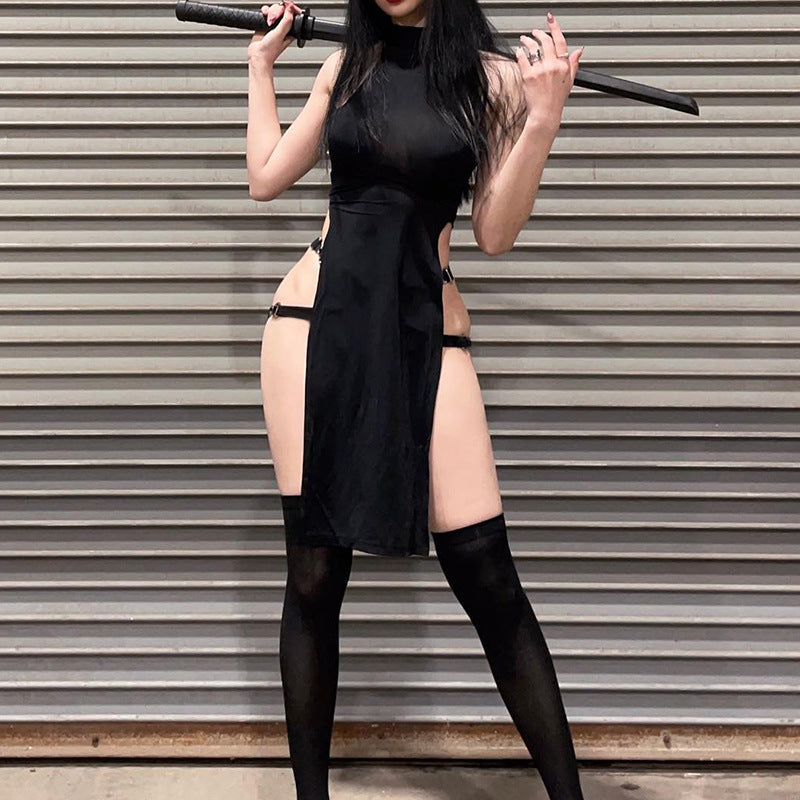 Vestido de verano para mujer, sin mangas, con abertura lateral, cintura alta, color liso