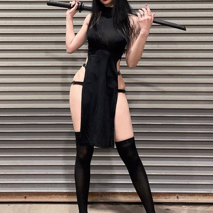 Vestido de verano para mujer, sin mangas, con abertura lateral, cintura alta, color liso