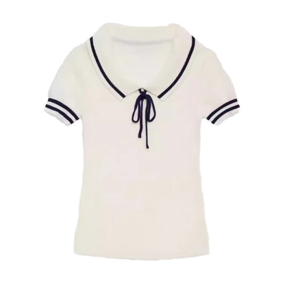 Conjunto de falda plisada y top de punto con cuello polo de manga corta y color contrastante para mujer, estilo informal, de verano