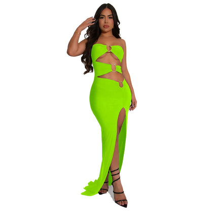 Vestido largo ajustado con abertura sexy de color sólido para mujer