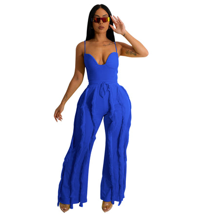 Conjunto de dos piezas de mono con borlas y encaje para mujer, pantalones de pierna recta, verano