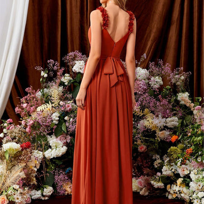 V neck Strap Evening Dress Lace Pleated Backless Sexy Large Swing Dance Dress Party Dress Bridesmaid Dress Summer