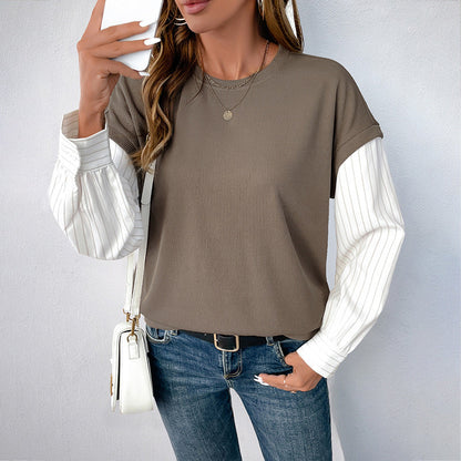 Sudadera informal de otoño de manga larga de imitación de dos piezas de punto a juego con cuello redondo