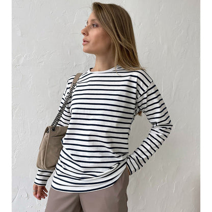 Camiseta de rayas de manga larga, de primavera, moderna, informal, salvaje, con cuello redondo, de algodón a rayas.
