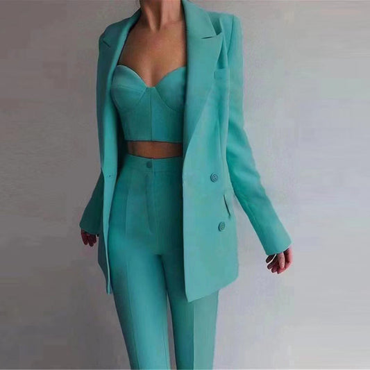 Conjunto de traje de oficina informal de alta calidad para mujer, con sujetador, pantalones y blazer.