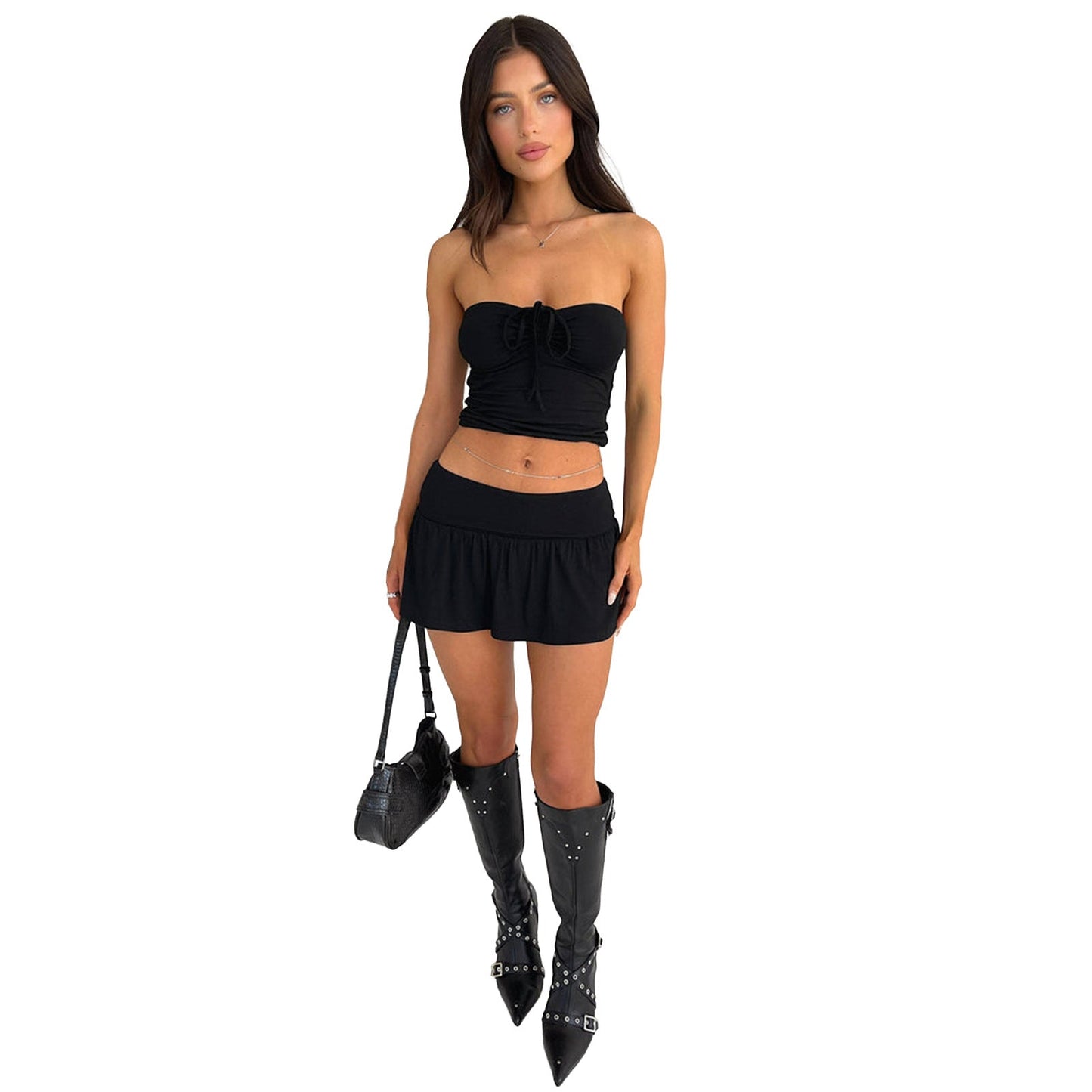 Conjunto de dos piezas de falda y pantalón de doble capa con top de tubo sexy para mujer