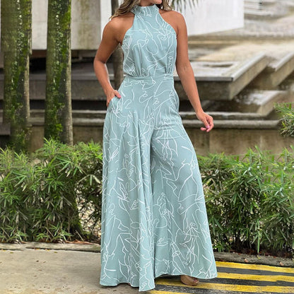 Mono elegante de verano para mujer, con cintura alta, sin mangas, con cordones y pantalones estilo halter
