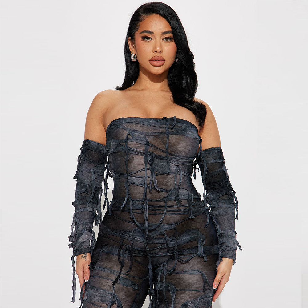 Mono sexy de otoño con borlas y escote tipo bandeau, sin espalda y mangas heladas para mujer