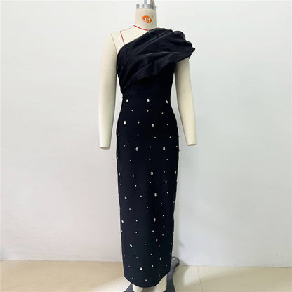 Vestido de gasa con hombros oblicuos y diamantes de imitación para cena de gala de debutante, sexy, de primavera