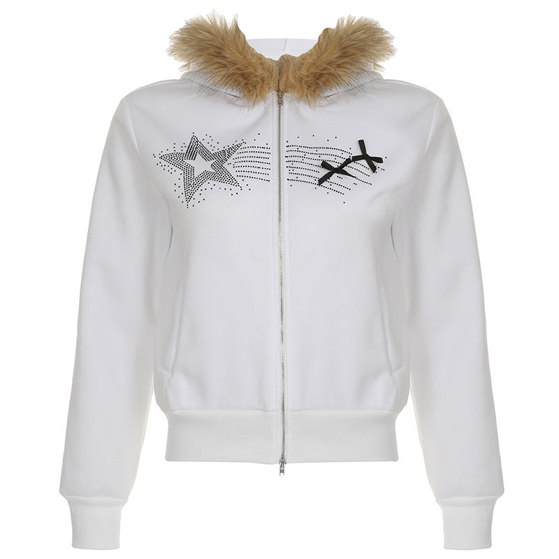 Sudadera con cuello de piel y estampado de estrella de cinco puntas estilo retro, con costuras de bolsillo finas y cremallera de doble cara para otoño e invierno.