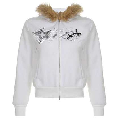 Sudadera con cuello de piel y estampado de estrella de cinco puntas estilo retro, con costuras de bolsillo finas y cremallera de doble cara para otoño e invierno.