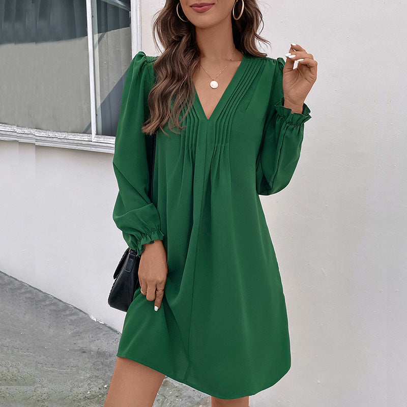Vestido de patchwork de otoño para mujer, ropa de mujer, cuello en V, plisado, manga larga.
