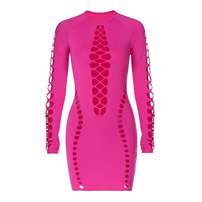 Vestido corto ajustado con cuello redondo y mangas largas con aberturas sexy de color sólido para mujer
