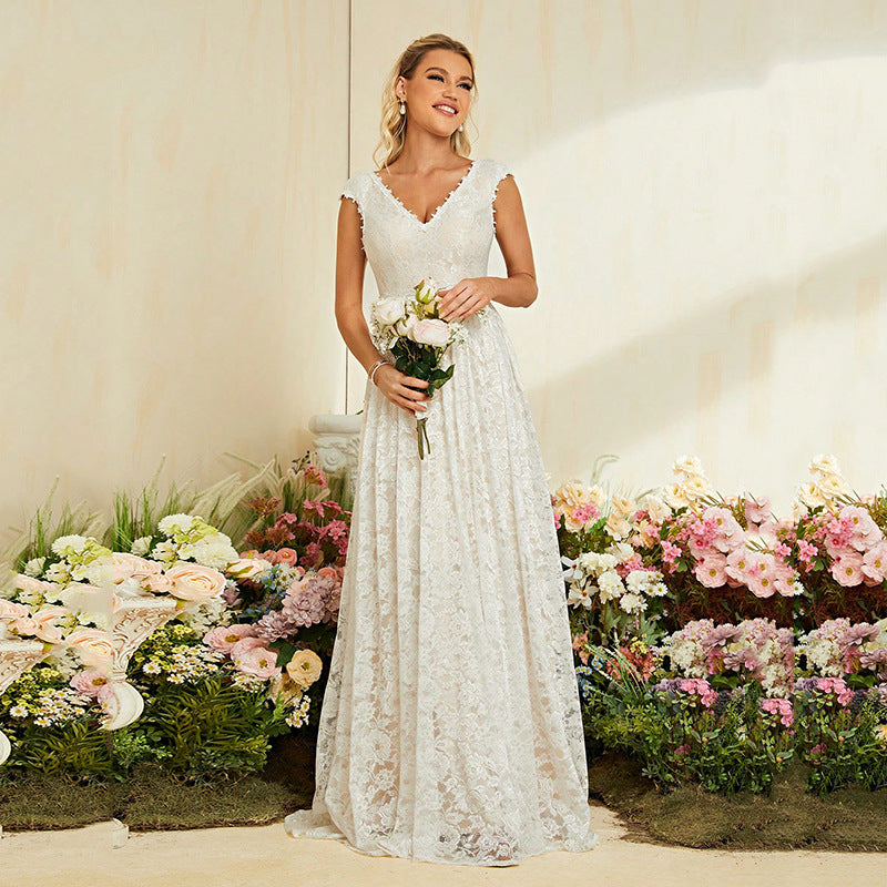 Vestido de noche de encaje de verano con cuello en V, corte entallado, vestido blanco de línea A, vestido de mujer adulta como dama