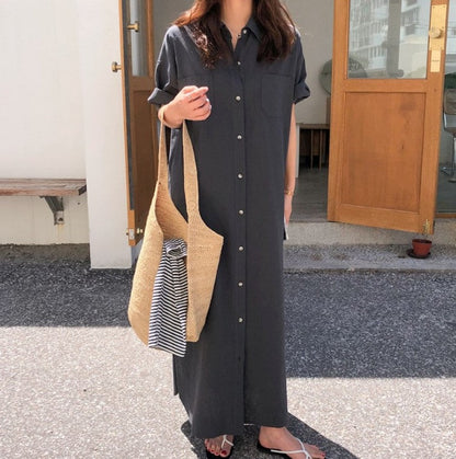 Vestido coreano de verano de manga corta con estampado largo, holgado y holgado, camisero por encima de la rodilla para mujer