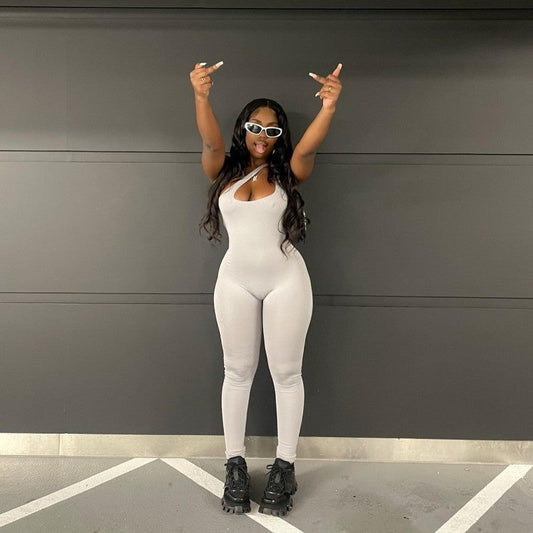 Solid Color Unilateral Oblique Shoulder Strap Top Slim Fit Casual Women One Piece Trousers