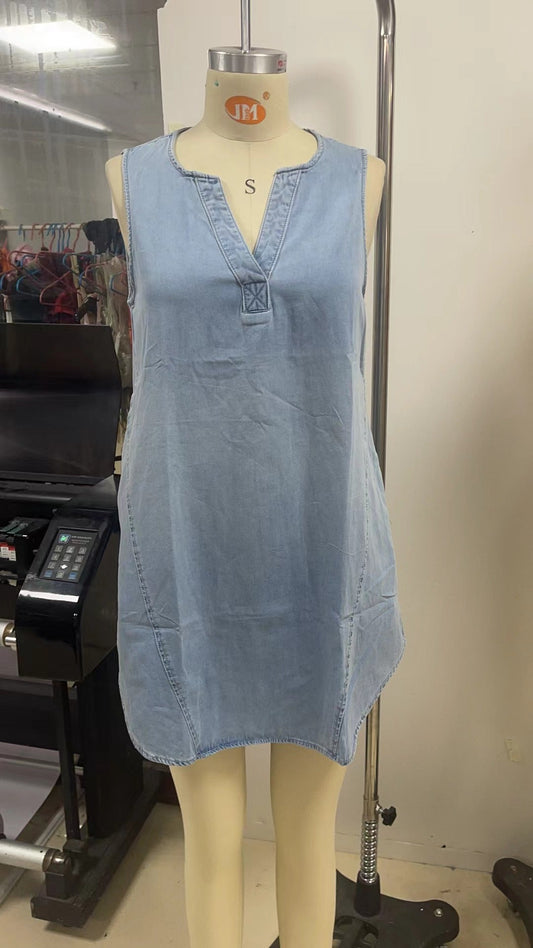 Denim Women opular Sleeveless Casual French V neck Loose Monkey Wash Dress Women