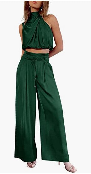Conjunto de dos piezas informal sin mangas con cuello para mujer, pantalones de pierna ancha, top corto de verano