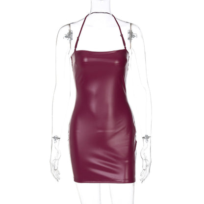 Ropa de mujer Primavera Cuero sintético Sexy Color sólido Top de tubo Halter Sexy Ajustado Cadera