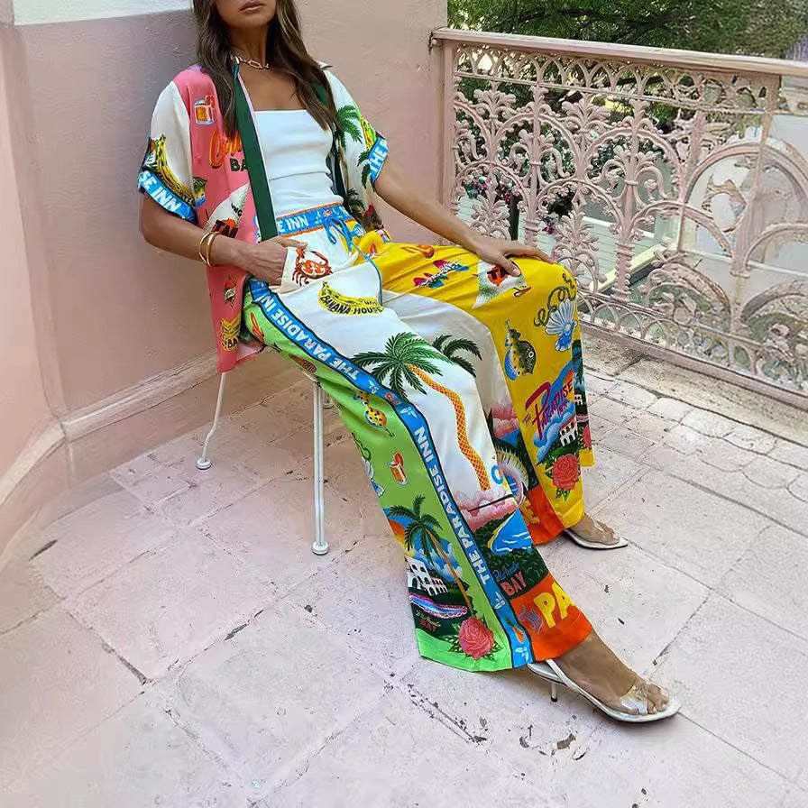 Traje informal de dos piezas con camisa y pantalones de cuello de manga corta de satén con estampado de grafiti