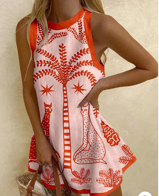 Vestido mini sin mangas de lino estampado para mujer